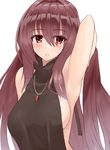  arm_up armpits bangs black_dress blush breasts drawstring dress eyebrows_visible_through_hair fate/grand_order fate_(series) hair_between_eyes halterneck highres jewelry large_breasts long_hair looking_at_viewer meme_attire necklace parted_lips purple_hair red_eyes scathach_(fate)_(all) scathach_(fate/grand_order) shunichi sideboob simple_background solo turtleneck upper_body very_long_hair virgin_killer_sweater white_background 