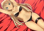  absurdres alessandra_susu armpits arms_up bandeau bangs barcode bed_sheet bikini bikini_tan black_bikini blue_eyes blush breasts character_name cleavage copyright_name cover cover_page cowboy_shot doujin_cover dutch_angle english from_above groin highres indoors legs_together long_hair looking_at_viewer manabebebe medium_breasts navel o-ring o-ring_bikini o-ring_bottom on_bed parted_lips silver_hair skindentation solo strapless strapless_bikini swimsuit tan tanline thigh_strap tokyo_7th_sisters very_long_hair 