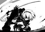  arm_support blindfold boots breasts closed_mouth dress feather-trimmed_sleeves fighting_stance gloves greyscale hairband holding holding_sword holding_weapon kamotama katana mole mole_under_mouth monochrome nier_(series) nier_automata one_knee short_hair solo squatting sword tassel thigh_boots thighhighs weapon yorha_no._2_type_b 