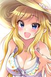  :d blonde_hair blue_eyes blush breasts cleavage eyebrows_visible_through_hair flower hat hat_flower idolmaster idolmaster_cinderella_girls jewelry large_breasts long_hair looking_at_viewer mio_(mgr300) necklace ootsuki_yui open_mouth shell_necklace smile solo sun_hat upper_body 