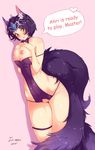  1girl ahri animal_ears areolae blue_hair blush breasts choker crotchless female fox fox_girl fur iri-neko large_breasts league_of_legends multiple_tails nipples pussy short_hair solo speech_bubble standing tail 