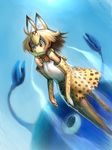  aasu_kirishita ahoge animal_ears bare_shoulders blonde_hair blue_background blurry bow bowtie brown_eyes cerulean_(kemono_friends) commentary creature elbow_gloves gloves hair_between_eyes highres jumping kemono_friends monster mouth_hold paper_airplane serval_(kemono_friends) serval_ears serval_print serval_tail short_hair sparkling_eyes tail 