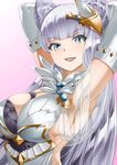  animal_ears arms_behind_head asymmetrical_clothes bangs bare_shoulders blue_eyes blunt_bangs blush breasts cat_ears easel elbow_gloves erune gloves granblue_fantasy hair_ornament korwa large_breasts long_hair looking_at_viewer makumaxu parted_lips sideboob silver_hair skindentation solo upper_body white_gloves 