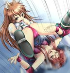  2girls animal_ears armpits ascot ass bodysuit boots breasts brown_eyes brown_hair cleavage_cutout corey_sniper corset crotch crying digdug006 elbow_gloves elbow_pads fake_animal_ears fox_ears from_above gloves legs long_hair multiple_girls nagasawa_mai open_mouth pain ryona saliva suplex tears thighs upside-down very_long_hair wrestle_angels wrestle_angels_survivor wrestle_angels_survivor_2 wrestling wrestling_outfit wristband 