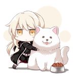  artoria_pendragon_(all) belt blonde_hair bowl chibi dog dog_food fate/grand_order fate_(series) gasuto_(kamikami) jacket jitome pet_bowl ponytail saber_alter shorts yellow_eyes 