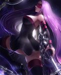  blindfold breasts chain cleavage fate/stay_night fate_(series) forehead_tattoo large_breasts limgae long_hair nameless_dagger purple_hair rider solo thighhighs very_long_hair zettai_ryouiki 