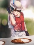  backpack bag belt blurry commentary_request curry depth_of_field food genderswap genderswap_(ftm) hat hat_feather helmet highres kaban_(kemono_friends) kemono_friends meme pith_helmet red_shirt salt salt_bae_(meme) shirt sunglasses yudough 