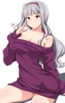  arm_support bare_shoulders breasts cleavage covered_nipples fingers_to_cheek hairband heart idolmaster idolmaster_(classic) large_breasts long_hair long_sleeves looking_at_viewer low_ponytail naked_sweater purple_hairband red_eyes scrunchie shijou_takane silver_hair sitting smile solo spoken_heart sweater tengu_(tetuo_kun) 