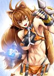  :d abs absurdres animal_ears antenna_hair armpits bangs bare_shoulders black_gloves black_panties blazblue breasts cowboy_shot crop_top dual_wielding fingerless_gloves gloves highleg highleg_panties highres holding karadborg large_breasts looking_at_viewer makoto_nanaya microskirt navel open_mouth orange_skirt panties revealing_clothes short_hair skirt smile solo squirrel_ears squirrel_tail stomach tail tonfa underboob underwear weapon 