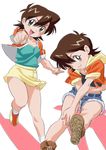  1girl bakuten_shoot_beyblade bare_legs beyblade black_shirt blush breasts brown_eyes brown_hair female happy looking_at_viewer navel shirt shirt_lift shoes short_shorts skirt tachibana_hiromi 