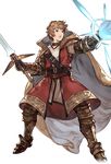  alpha_transparency armor armored_boots belt boots brown_eyes brown_hair cape choker full_body glowing gran_(granblue_fantasy) granblue_fantasy legs_apart looking_afar male_focus minaba_hideo official_art open_mouth outstretched_arm solo sword sword_master_(granblue_fantasy) transparent_background weapon 