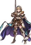  alpha_transparency armor bob_cut boots brown_eyes cape djeeta_(granblue_fantasy) full_body granblue_fantasy hairband holy_saber_(granblue_fantasy) minaba_hideo official_art short_hair skirt solo sword transparent_background weapon white_cape 