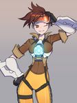  ;) between_breasts bodysuit bomber_jacket breasts brown_eyes brown_hair brown_jacket contrapposto cowboy_shot goggles goggles_on_head hand_on_hip harness jacket kim_jin_sung medium_breasts one_eye_closed orange_bodysuit overwatch pants parted_lips skin_tight smile solo spiked_hair standing tight tight_pants tracer_(overwatch) 