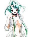  1girl breasts collar collarbone dears eyebrows eyebrows_visible_through_hair green_hair long_hair lowres navel red_eyes ren_(dears) simple_background solo transparent_background 