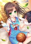  :d bag bangs basketball basketball_uniform blush bottle brown_hair commentary_request duffel_bag eyebrows_visible_through_hair green_eyes hair_ornament hair_ribbon highres holding holding_bottle jersey leaf light_rays long_hair looking_at_viewer moe2017 open_mouth original purple_ribbon ribbon shitou shorts side_ponytail sitting smile solo sportswear sunlight towel towel_around_neck water_bottle x_hair_ornament 