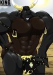  2013 abs anthro biceps bovine bulge clothed clothing horn horn_ornament hyper male mammal minotaur muscular muscular_male nipple_piercing nipples partially_clothed pecs piercing quads red_eyes rhynobullraq skimpy smile solo standing teeth vein 