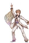  alpha_transparency brown_eyes brown_hair formal fringe_trim full_body gran_(granblue_fantasy) granblue_fantasy looking_at_viewer male_focus minaba_hideo official_art pointing pointing_up pose saturday_night_fever solo suit superstar_(granblue_fantasy) transparent_background white_suit 