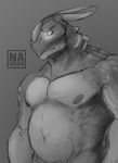  anthro avias_(artist) dinosaur horn male monochrome musclegut nipples nude sketch solo 