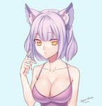  2016 animal_ears arms_at_sides artist_name bangs blue_background breasts camisole cleavage closed_mouth collarbone commentary_request dated expressionless eyebrows_visible_through_hair hair_tousle hand_up large_breasts looking_at_viewer original purple_hair signature simple_background solo tenjou_tsuki upper_body yellow_eyes 
