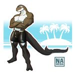 anthro avias_(artist) bulge cetacean clothed clothing crossed_arms dolphin looking_at_viewer male mammal marine muscular open_mouth rubber solo standing 