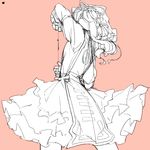  arm_up bow chiyoshi_(sevendw) color_guide dress from_side gap hair_bow hair_over_eyes hat long_hair magic mob_cap monochrome perspective pink_background simple_background sketch solo tabard touhou yakumo_yukari 