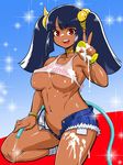  :d angra_mainyu_(samon-kun) areola_slip areolae blue_hair blue_shorts bracelet breasts choker clothes_writing covered_nipples crop_top cutoffs dark_skin denim denim_shorts exposed_pocket hair_ornament hose jewelry large_breasts looking_at_viewer navel no_bra no_panties open_clothes open_fly open_mouth open_shorts red_eyes round_teeth samon-kun_wa_summoner shorts smile snake_hair_ornament soap_bubbles solo sparkle sponge sweat tank_top teeth tenseiani twintails unbuttoned underboob v white_tank_top 