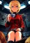  bangs black_footwear black_skirt boots commentary cup darjeeling girls_und_panzer holding jacket lain light_smile long_sleeves looking_at_viewer military military_uniform miniskirt parted_lips pleated_skirt red_jacket saucer short_hair sitting skirt st._gloriana's_military_uniform tank_interior teacup uniform 