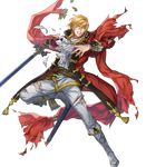  attack bared_teeth belt blonde_hair boots brown_eyes coat collar cravat eltoshan_(fire_emblem) fire_emblem fire_emblem:_seisen_no_keifu fire_emblem_heroes full_body highres holding holding_sword holding_weapon knee_boots male_focus mystletainn official_art p-nekor pants red_coat serious sheath sheathed short_hair_with_long_locks solo sweat sword teeth torn_clothes torn_pants transparent_background weapon white_pants 