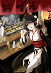  bangs beckoning bird_wings black_hair black_wings blush choko_(cup) chopsticks collarbone commentary_request cup daikon detached_sleeves drunk fish_cake food food_stand gourd hardboiled_egg hat highres japanese_clothes kagami_toufu konnyaku_(food) kourindou_tengu_costume lampion long_sleeves looking_at_viewer night obi oden parted_lips pelvic_curtain pointy_ears pom_pom_(clothes) red_eyes ribbon-trimmed_legwear ribbon-trimmed_sleeves ribbon_trim sash shameimaru_aya short_hair sitting solo_focus thighhighs tokin_hat tokkuri touhou white_legwear wide_sleeves wings 