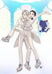  :d arm_around_neck arm_around_waist black_hair blue_eyes blue_flower blue_rose bouquet bow bowtie brown_eyes cross-laced_footwear flower formal gloves hair_slicked_back highres husband_and_husband ice_skates katsuki_yuuri leg_lift male_focus mouri multiple_boys necktie open_mouth rose silver_hair skates smile suit viktor_nikiforov white_gloves white_suit yaoi yuri!!!_on_ice 