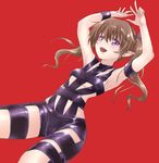  armpits arms_up bangs breasts brown_hair himekaidou_hatate hot_limit long_hair looking_at_viewer medium_breasts nibi open_mouth pointy_ears purple_eyes red_background smile solo t.m.revolution touhou twintails 