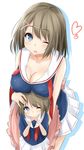  blue_eyes breast_rest breasts breasts_on_head brown_hair cleavage commentary_request hair_ornament hairclip heart highres if_they_mated kantai_collection large_breasts leaning_forward looking_at_viewer maya_(kantai_collection) mother_and_daughter multiple_girls neckerchief older one_eye_closed open_mouth pleated_skirt revision saku_(kudrove) school_uniform serafuku short_hair simple_background skirt white_background younger 