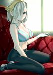  aqua_bra black_legwear blue_eyes bra breasts couch eyes_visible_through_hair gloves hair_ornament hair_over_one_eye hairclip hamakaze_(kantai_collection) harmaline head_scarf highres kantai_collection large_breasts lips panties panties_under_pantyhose pantyhose school_uniform serafuku short_hair silver_hair solo underwear white_gloves white_panties window 