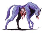  animal_focus artist_name blood dog empty_eyes entrails full_body fur guro highres kazuma_kaneko looking_at_viewer missing_eye no_humans official_art oldschool organs ribs shin_megami_tensei tail tongue tongue_out zombie zombie_dog_(megami_tensei) 