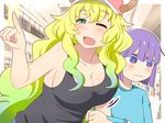  1boy 1girl ;d age_difference androgynous baseball_cap blonde_hair blue_eyes blush bouncing_breasts breasts cleavage dragon_girl dragon_horns gradient_hair green_hair half-closed_eyes highres horns kobayashi-san_chi_no_maidragon large_breasts long_hair magatsuchi_shouta multicolored_hair one_eye_closed open_mouth pointing purple_hair quetzalcoatl_(maidragon) shirt shopping short_hair side_boob smile tank_top upper_body wavy_mouth wide-eyed 