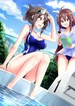  ahoge blue_swimsuit breasts brown_eyes brown_hair chain-link_fence cleavage clipboard competition_swimsuit dutch_angle fence folded_ponytail goggles goggles_on_head highleg highleg_swimsuit large_breasts long_hair minato_yoshihiro moe2017 multiple_girls one-piece_swimsuit open_mouth original poolside see-through shirt short_hair sitting starting_block stopwatch swimsuit swimsuit_under_clothes t-shirt watch water 