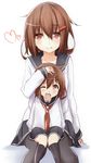  ;d absurdres black_legwear blush brown_eyes brown_hair commentary fang hair_ornament hairclip hand_on_another's_head heart highres if_they_mated ikazuchi_(kantai_collection) kantai_collection looking_at_viewer mother_and_daughter multiple_girls neckerchief older one_eye_closed open_mouth pantyhose petting pleated_skirt red_neckwear revision saku_(kudrove) school_uniform serafuku short_hair simple_background sitting sitting_on_lap sitting_on_person skirt smile white_background younger 