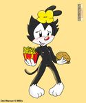  animaniacs black_fur blush burger clothing dot_warner fast_food female flower flower_in_hair food fries fur gloves leinad56 mammal nude parody plant pussy simple_background smile solo standing text warner_brothers 