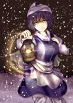  absurdres apron blue_dress blue_eyes breasts closed_mouth commentary_request cowboy_shot dress head_scarf highres kagami_toufu large_breasts letty_whiterock long_sleeves looking_at_viewer oil_lamp puffy_long_sleeves puffy_sleeves purple_hair short_hair smile snowing solo touhou waist_apron 