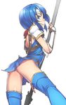 armor armored_dress ass bangs blue_eyes blue_hair blue_legwear blush commentary elbow_gloves fingerless_gloves fire_emblem fire_emblem:_monshou_no_nazo gloves h_kasei headband katua looking_at_viewer looking_back no_panties pegasus_knight polearm short_hair simple_background smile solo thighhighs weapon white_background 