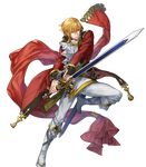  attack bared_teeth belt blonde_hair boots brown_eyes coat collar cravat eltoshan_(fire_emblem) fire_emblem fire_emblem:_seisen_no_keifu fire_emblem_heroes full_body highres holding holding_sword holding_weapon knee_boots male_focus mystletainn official_art p-nekor pants red_coat serious sheath sheathed short_hair_with_long_locks solo sword teeth transparent_background weapon white_pants 