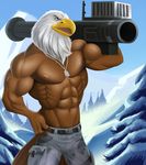  2017 abs anthro avian beak belt biceps bird camo clothing detailed_background dog_tags eagle jewelry male marsel-defender military mountain muscular muscular_male navel necklace nipples open_mouth pants pecs pouch rocket_laucher rpg_(disambiguation) snow solo tree 