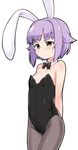  animal_ears arms_behind_back bare_shoulders black_legwear blush bow bowtie breasts bunny_ears bunny_girl bunnysuit cowboy_shot detached_collar fake_animal_ears highres idolmaster idolmaster_cinderella_girls koshimizu_sachiko lavender_hair leotard looking_to_the_side moru_(monaka) pantyhose short_hair simple_background small_breasts solo sweat white_background 