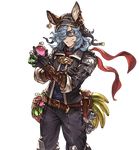  alpha_transparency animal_ears banana belt blue_hair cowboy_shot drang_(granblue_fantasy) erune explosive food fruit goggles granblue_fantasy grenade grin hair_over_one_eye holster jacket long_hair male_focus minaba_hideo official_art racing_suit scarf smile solo transparent_background 