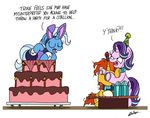  2017 bobthedalek bunny_costume cake candle clothed clothing dialogue english_text equine eyewear female feral food friendship_is_magic gift glasses group hair hi_res horn mammal multicolored_hair my_little_pony simple_background starlight_glimmer_(mlp) sunburst_(mlp) text trixie_(mlp) two_tone_hair unicorn white_background 