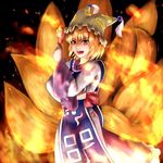  :d bangs blonde_hair commentary cowboy_shot dress fangs fire fox_tail hat highres kagami_toufu kitsune kyuubi long_sleeves looking_at_viewer mob_cap multiple_tails ofuda open_mouth pillow_hat red_eyes short_hair smile solo tabard tail tassel touhou v-shaped_eyebrows white_dress wide_sleeves yakumo_ran 