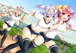  &gt;_&lt; black_legwear blue_buruma blue_sky bow breasts buruma closed_eyes cloud day grass grey_hair gym_uniform hair_ornament hairclip headband kamiya_tomoe large_breasts long_hair medium_breasts moe2017 multiple_girls open_mouth original outdoors pink_eyes pink_hair purple_eyes purple_hair running short_hair sky teeth thighhighs yellow_bow 