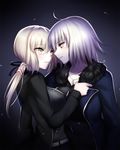  ahoge artoria_pendragon_(all) belt black_dress black_jacket black_shirt blonde_hair blue_jacket blush breasts dark_persona dress eye_contact eyebrows_visible_through_hair fate/grand_order fate_(series) fur-trimmed_jacket fur_trim gradient gradient_background hair_ribbon hood hooded_jacket imminent_kiss jacket jeanne_d'arc_(alter)_(fate) jeanne_d'arc_(fate)_(all) jewelry looking_at_another mallizmora medium_breasts multiple_girls necklace parted_lips ponytail ribbon saber_alter shirt short_hair wicked_dragon_witch_ver._shinjuku_1999 yellow_eyes yuri 