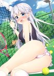  ahoge ass bad_anatomy ball bench blue_eyes blush breasts cloud day embarrassed hair_ornament hairclip kneehighs long_hair looking_at_viewer lying masuishi_kinoto medium_breasts moe2017 net open_mouth original outdoors panties racket silver_hair skirt solo sportswear striped striped_panties tennis_ball tennis_court tennis_racket tennis_uniform underwear white_legwear white_skirt wrist_cuffs 