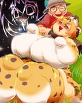  animal_ears blonde_hair blush breasts cat_ears cat_tail fat female frilled_skirt gigantic_breasts kaban kemono_friends obese older outdoors petting serval_(kemono_friends) smile squarewave sweatdrop tail thick_thighs 